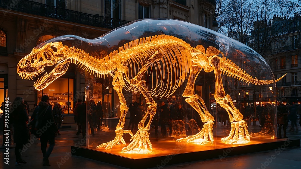 A glowing dinosaur skeleton sculpture displayed in a glass case in a city setting. A glowing dinosaur skeleton sculpture displayed in a glass case in a city setting.