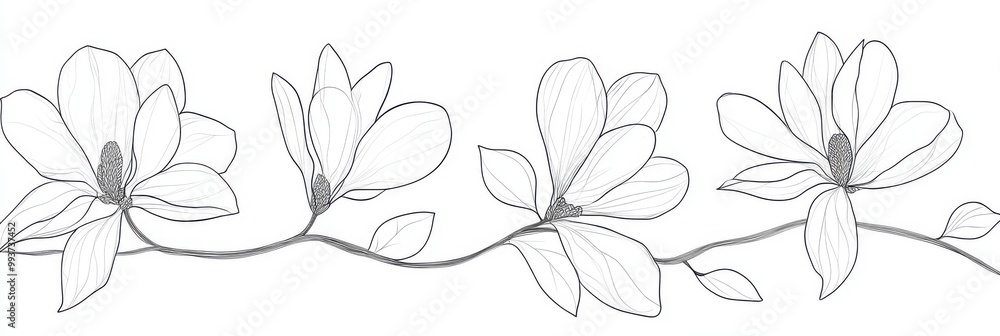 Fototapeta premium Magnolia flowers and branch drawing in one continuous line, simple clipart on a white background.