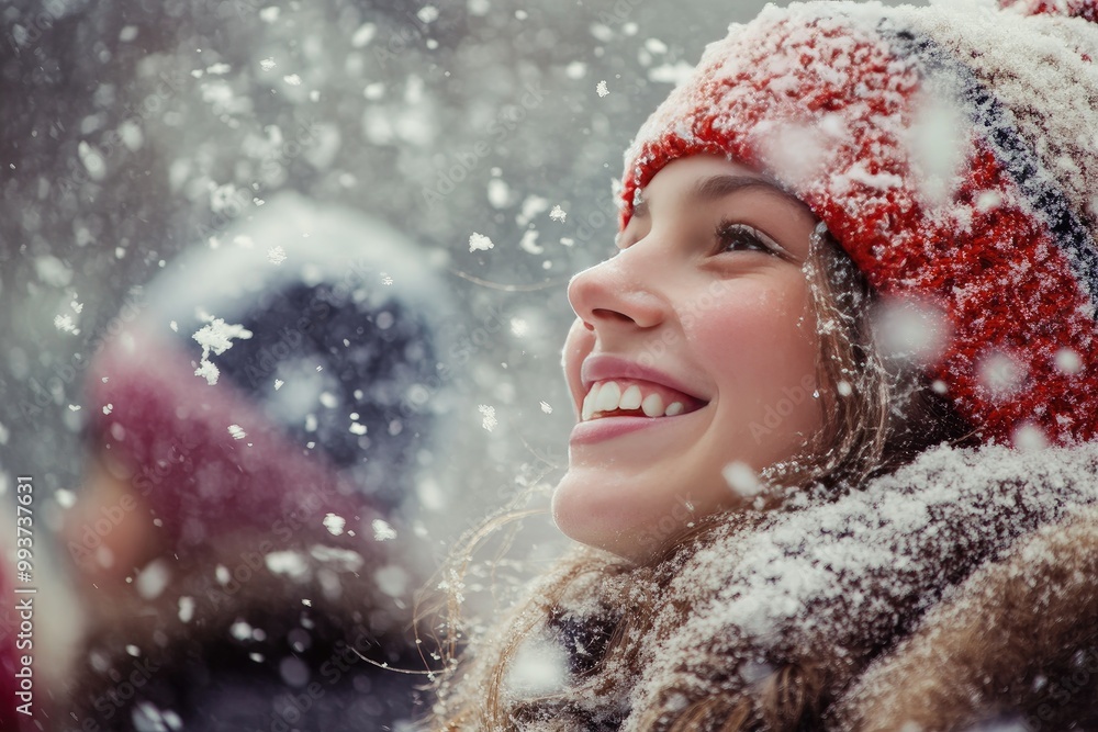 Portrait of a Smiling Woman in a Red Knit Hat with Snow Falling Around Her Portrait of a Smiling Woman in a Red Knit Hat with Snow Falling Around Her