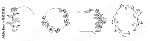 Set of black frame with flowers for pictures and photos. Summer decorative frameworks for exhibition