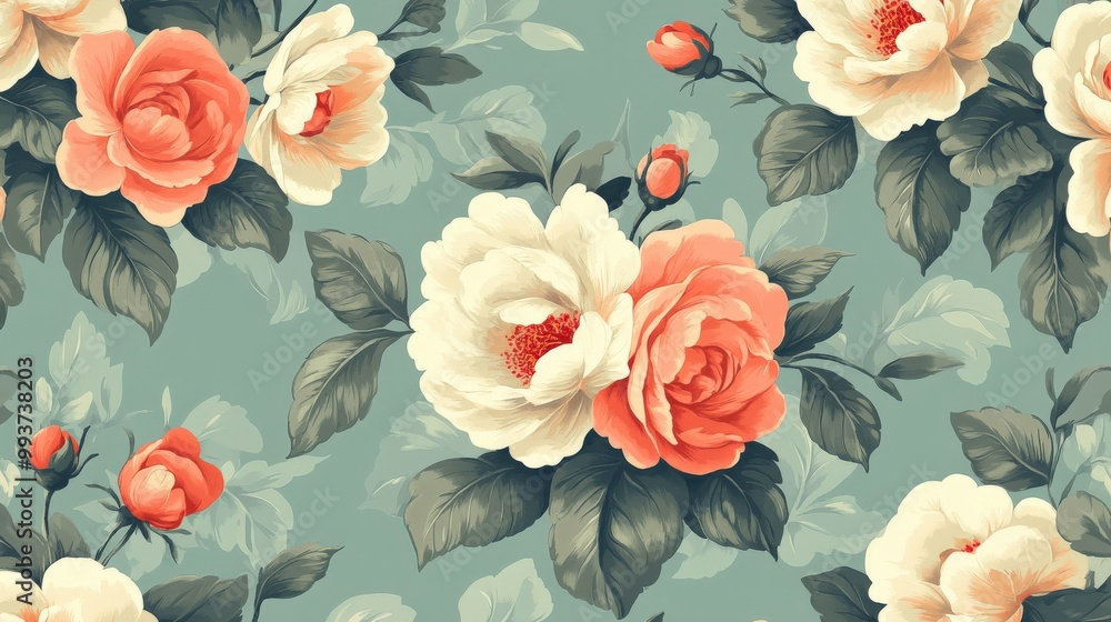 Teal floral pattern with red and green flowers on a vintage-inspired, modern teal background Teal floral pattern with red and green flowers on a vintage-inspired, modern teal background