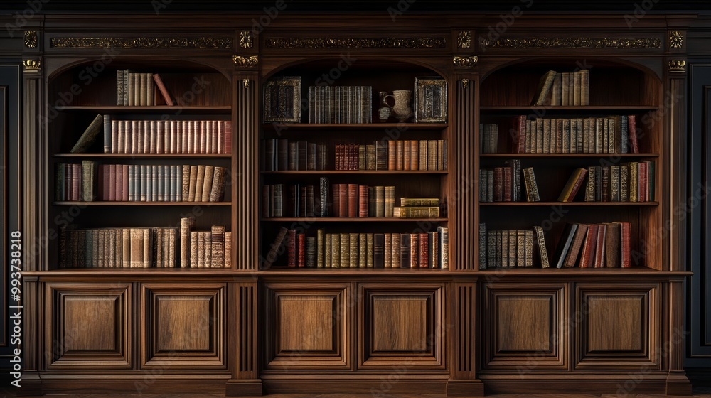 Classical Wooden Bookcase Filled with Books Against Dark Background. AI generated illustration Classical Wooden Bookcase Filled with Books Against Dark Background. AI generated illustration