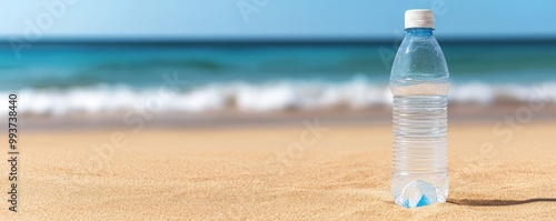 A plastic water bottle rests on the sandy beach, with gentle ocean waves in the background under a clear blue sky.