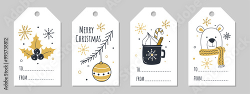 Set of Christmas and New Year gift tag and label vector template. Hand Drawn Winter Elements for Christmas Gifts, invitations. Holly, berries, Christmas tree ball, polar bear. Vector badge design