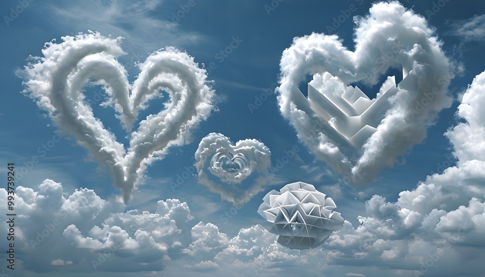Naklejka premium Whimsical Cloud Sculptures – A Creative Display of Clouds Sculpted into heart Shapes