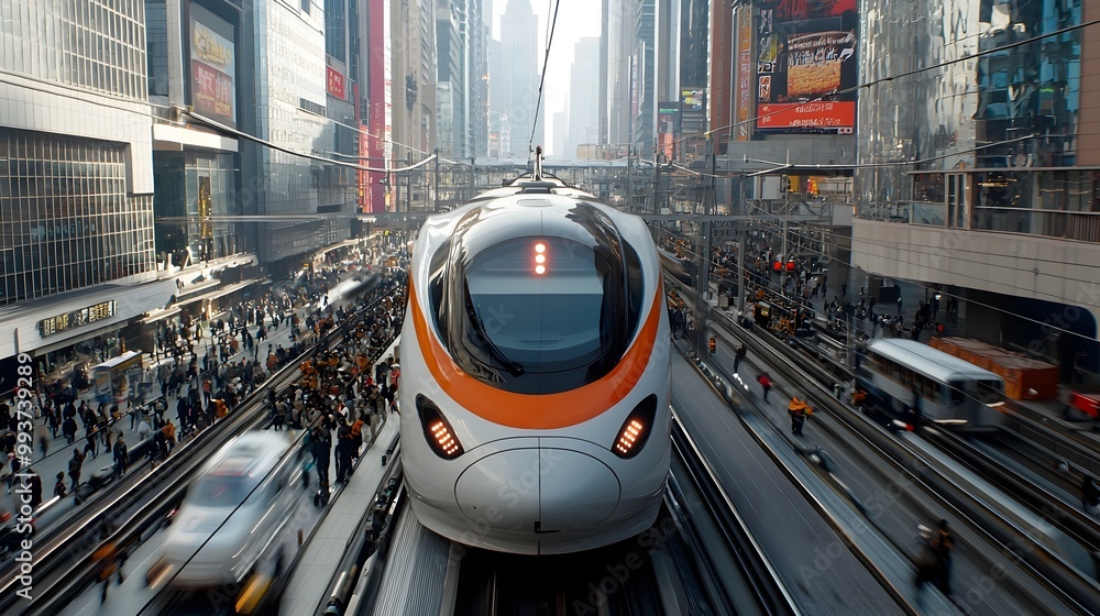 High Speed Trains Rushing Through a Busy Urban Cityscape High Speed Trains Rushing Through a Busy Urban Cityscape