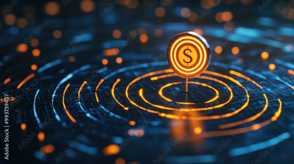 Digital representation of financial growth with a dollar symbol and concentric circles. Digital representation of financial growth with a dollar symbol and concentric circles.