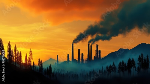 Cleared forest area with heavy smoke from nearby wildfires, blackened tree trunks, industrial plants visible in the background, 3D illustration