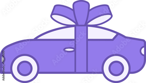 Colored New Car Icon. Vector Icon. Buying a New Vehicle. Car in Gift Wrap. Holiday and Shopping Concept