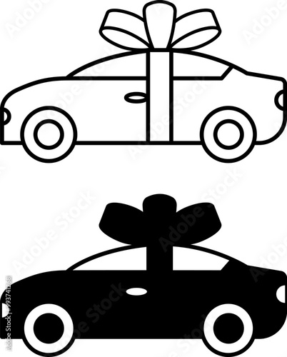 New Car Icons. Black and White Vector Icons. Buying a New Vehicle. Car in Gift Wrap. Holiday and Shopping Concept