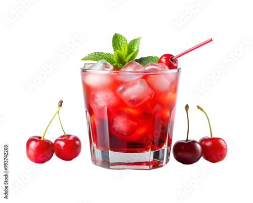 Elegant presentation of an iced cherry drink, complete with ripe cherries and a sprig of mint tantalizingly cool cherry concoction, perfect for sipping on a hot day transparent PNG background  photo