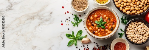 Wallpaper Mural Hearty Bean Soup with Fresh Herbs and Ingredients Top View with Empty Copy Space - on Marble Table Background Torontodigital.ca