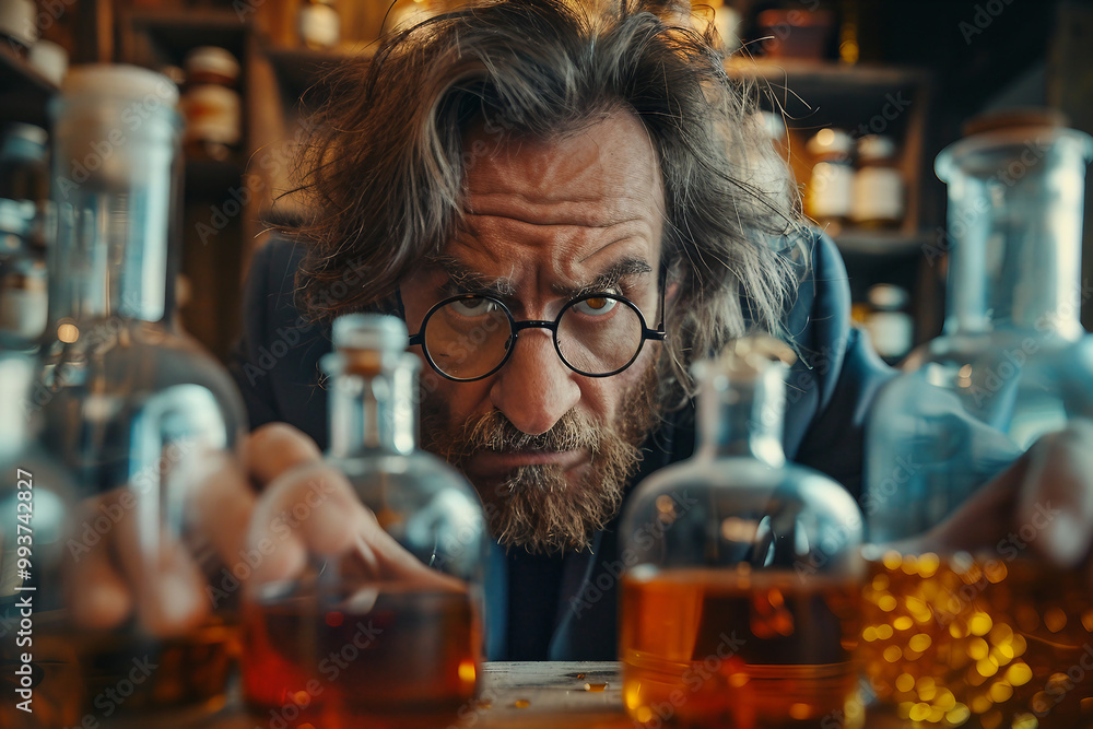 Mad crazy funky scientist in his laboratory with messy hair making research, Generative AI Mad crazy funky scientist in his laboratory with messy hair making research, Generative AI
