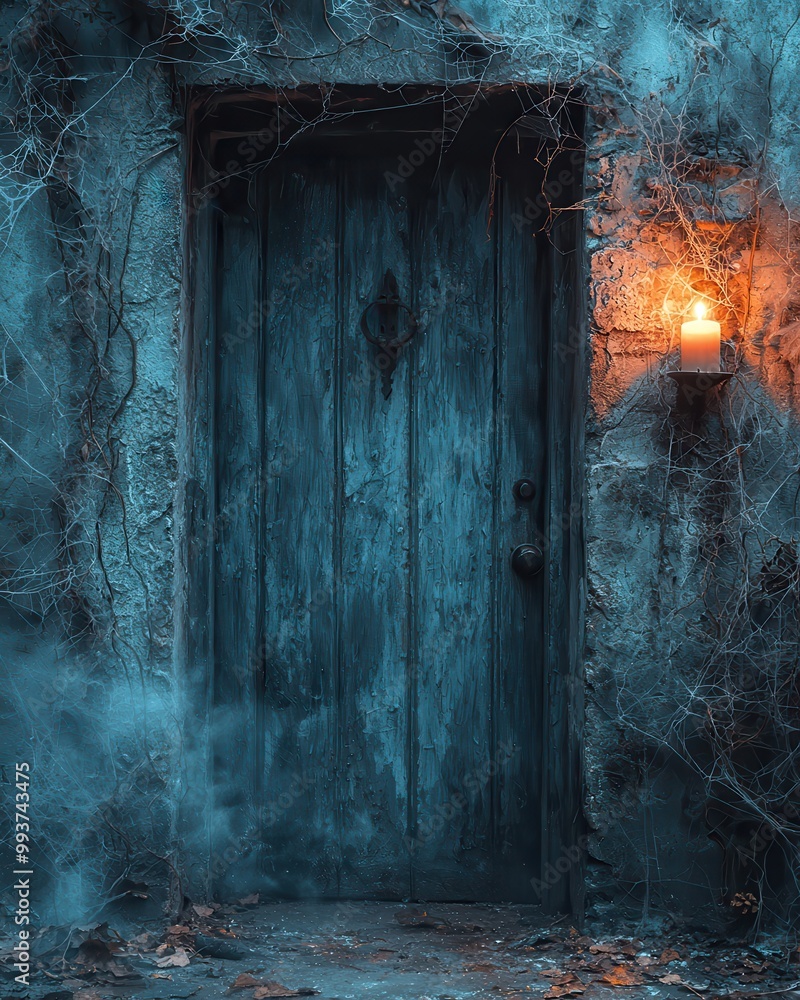 Mysterious Door with Candle in Dim Light Mysterious Door with Candle in Dim Light