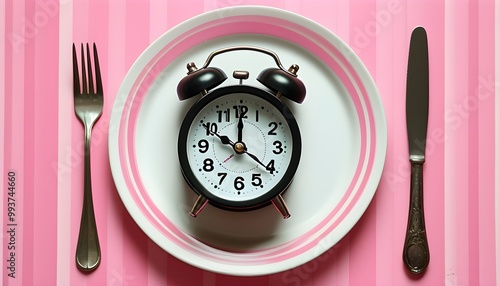 Artistic portrayal of an analog alarm clock on a pink and white striped plate, complemented by a fork and knife, symbolizing the preciousness of time photo