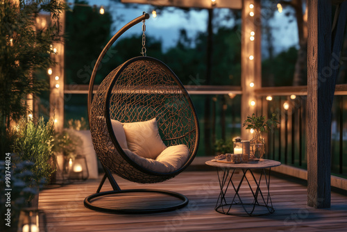 a cozy terrace with a hanging chair and table on the balcony at night. Cozy boho interior design of a modern home exterior