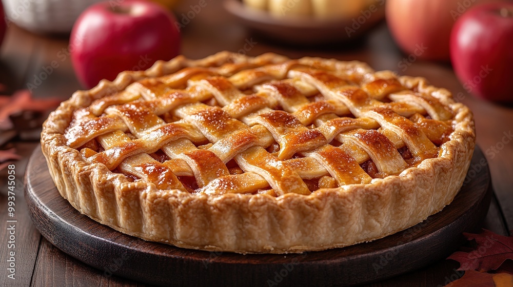 Apple pie decorated with lattice overhead shot, fall baking concept Apple pie decorated with lattice overhead shot, fall baking concept
