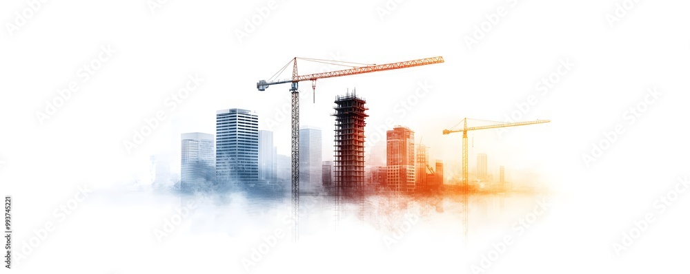Expansive bridge construction project, cranes lifting massive components, modern urban development in progress under soft sunlight Expansive bridge construction project, cranes lifting massive components, modern urban development in progress under soft sunlight