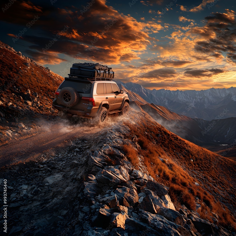 4x4 SUV with roof luggage driving along a rocky mountain path, golden sunset illuminating the landscape, rugged adventure theme 4x4 SUV with roof luggage driving along a rocky mountain path, golden sunset illuminating the landscape, rugged adventure theme