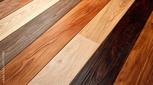 A range of wooden flooring planks in various colors and textures, from light oak to dark walnut, arranged in a fan pattern