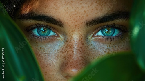 closeup of a womans eyes peering through lush green leaves showcasing her freckles and striking blue irises in a mystical forest ambiance evoking a sense of wonder