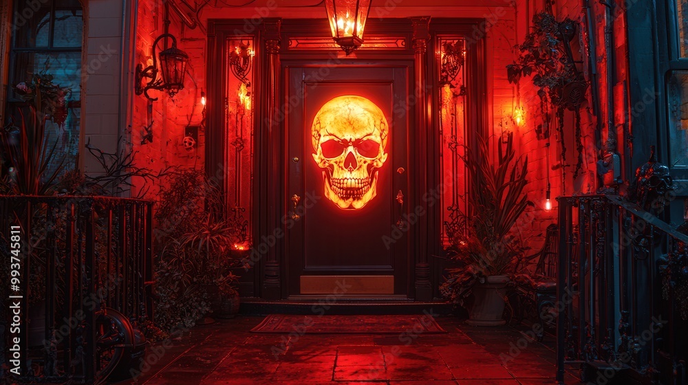 Spooky Halloween Entrance with Glowing Skull Decor Spooky Halloween Entrance with Glowing Skull Decor
