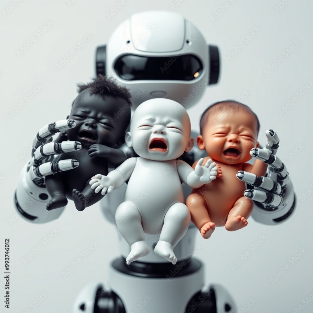 Fototapeta premium robot taking care crying babies