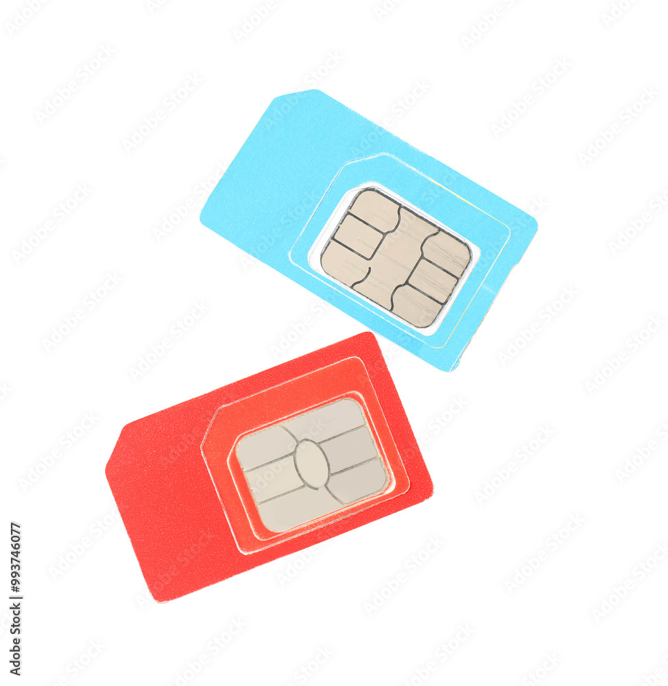 Two SIM cards isolated on white, top view Two SIM cards isolated on white, top view