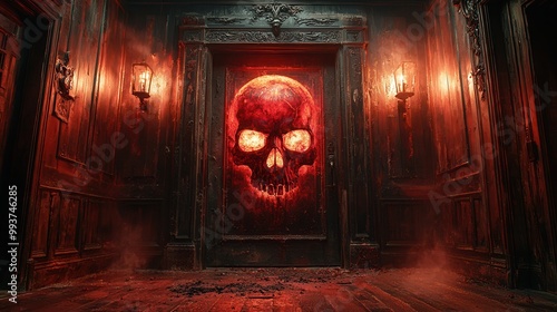 Creepy Skull Door in Dark Haunted Hallway