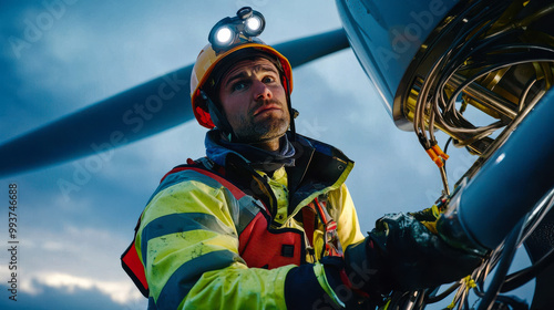 maintenance worker is focused on offshore wind turbine, equipped with headlamp and wearing safety gear. scene captures dedication and precision required in renewable energy work photo