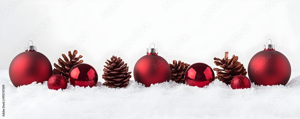 Christmas ornaments and pinecones on a bed of snow, red and natural tones against a bright white background, festive simplicity Christmas ornaments and pinecones on a bed of snow, red and natural tones against a bright white background, festive simplicity