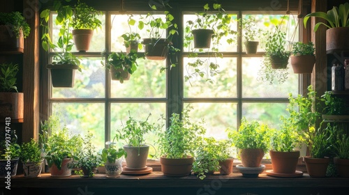 A garden window filled with potted plants and herbs, creating a vibrant and green atmosphere, inviting the beauty of nature indoors.