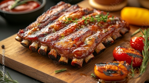 A mouthwatering shot of pork ribs glistening under a warm light, served on a cutting board with a side of grilled vegetables, creating an inviting presentation