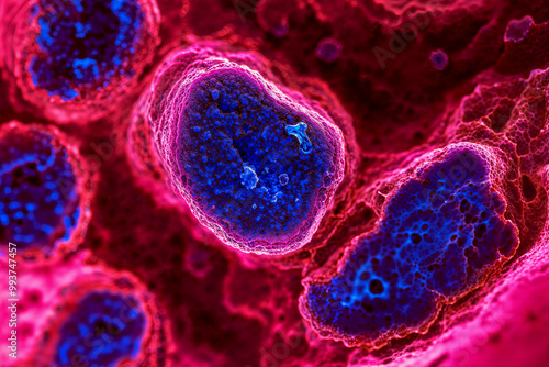 cells flowing through a microscope, blood cancer tumor growth. Endocrine, abstract, disease. Oncology research testing, treatments and  cures. Macro close up image. 