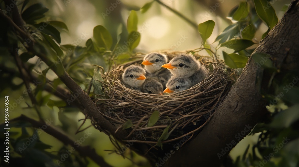 A nest filled with baby birds waiting for their turn to be fed, with soft feathers and bright eyes, nestled in a tree branch surrounded by foliage. A nest filled with baby birds waiting for their turn to be fed, with soft feathers and bright eyes, nestled in a tree branch surrounded by foliage.
