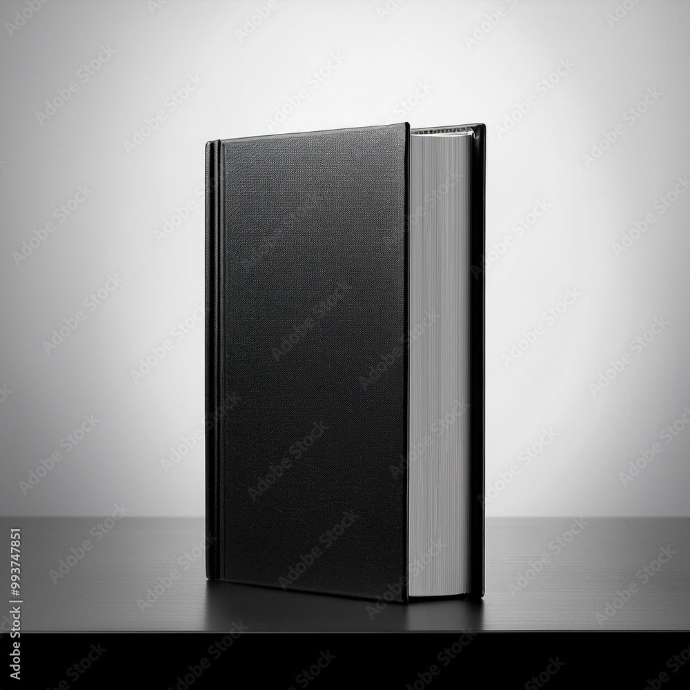 Minimalistic image of a black hardcover book standing upright on a dark surface against a light background. Minimalistic image of a black hardcover book standing upright on a dark surface against a light background.