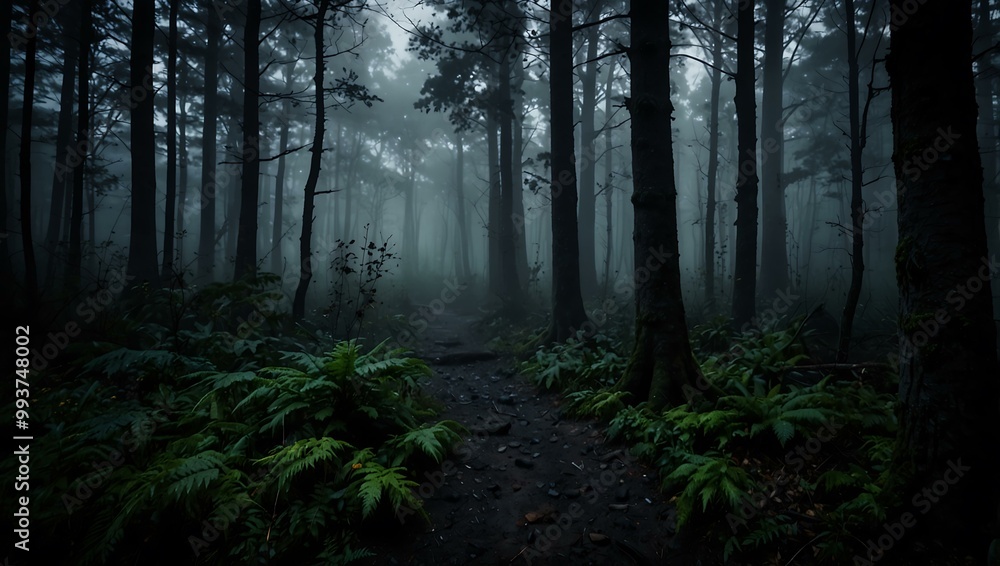 A dark, misty forest scene filled with mystery. A dark, misty forest scene filled with mystery.