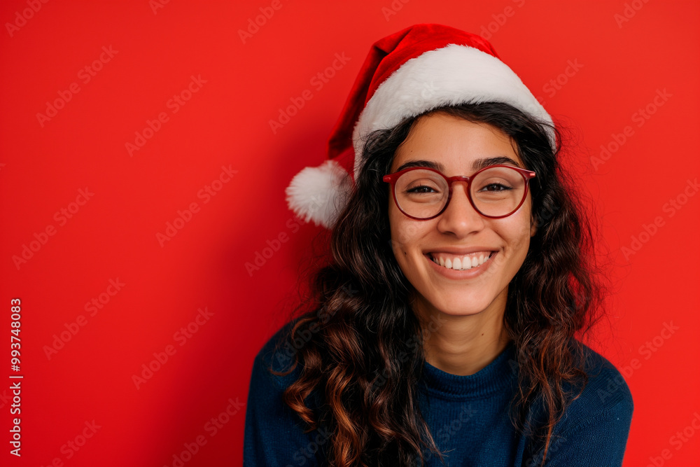 beautiful smiling young woman wearing santa hat on red background