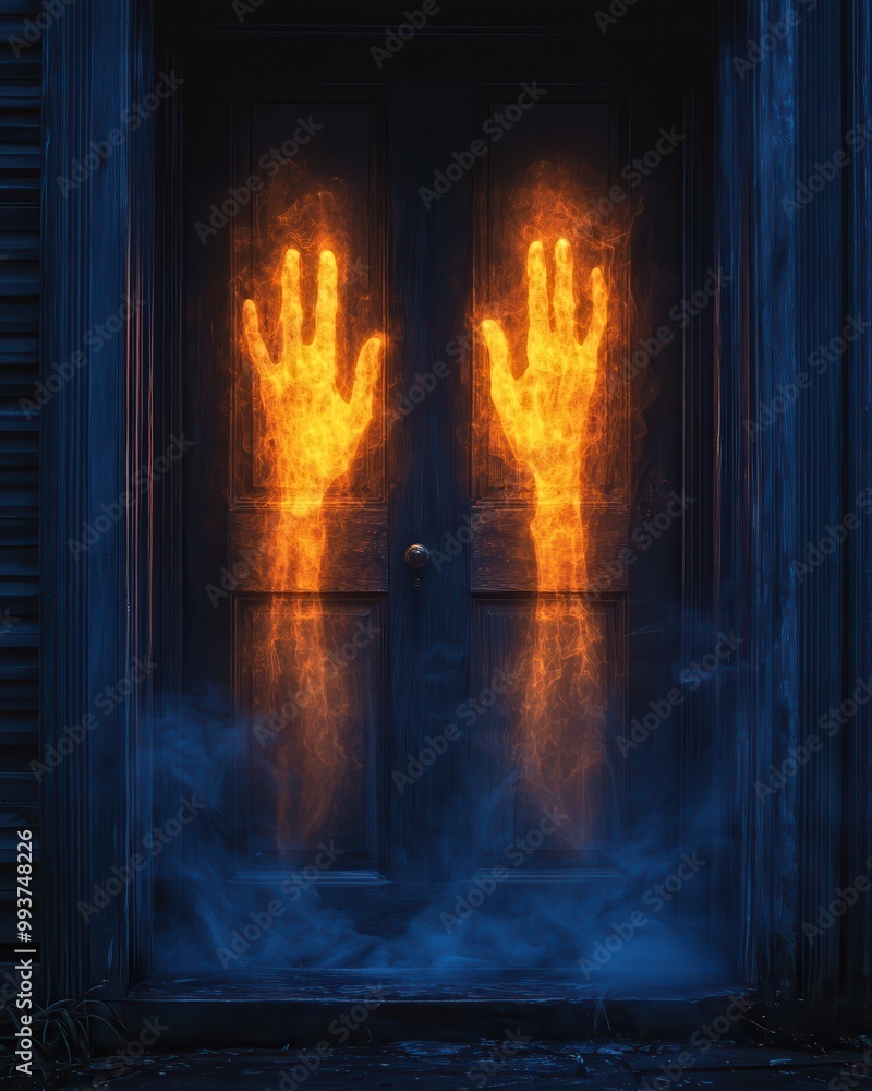 Ghostly Hands on a Door in an Eerie Setting Ghostly Hands on a Door in an Eerie Setting