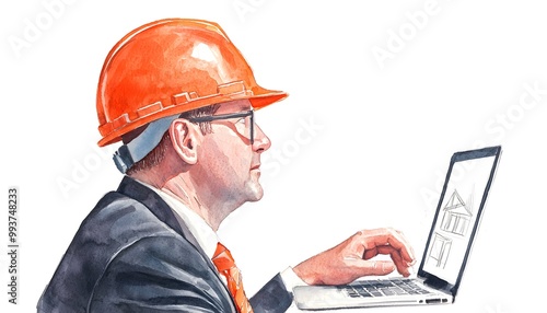 Construction executive wearing a hard hat, reviewing architectural designs on a laptop in a high-end office, focused and determined