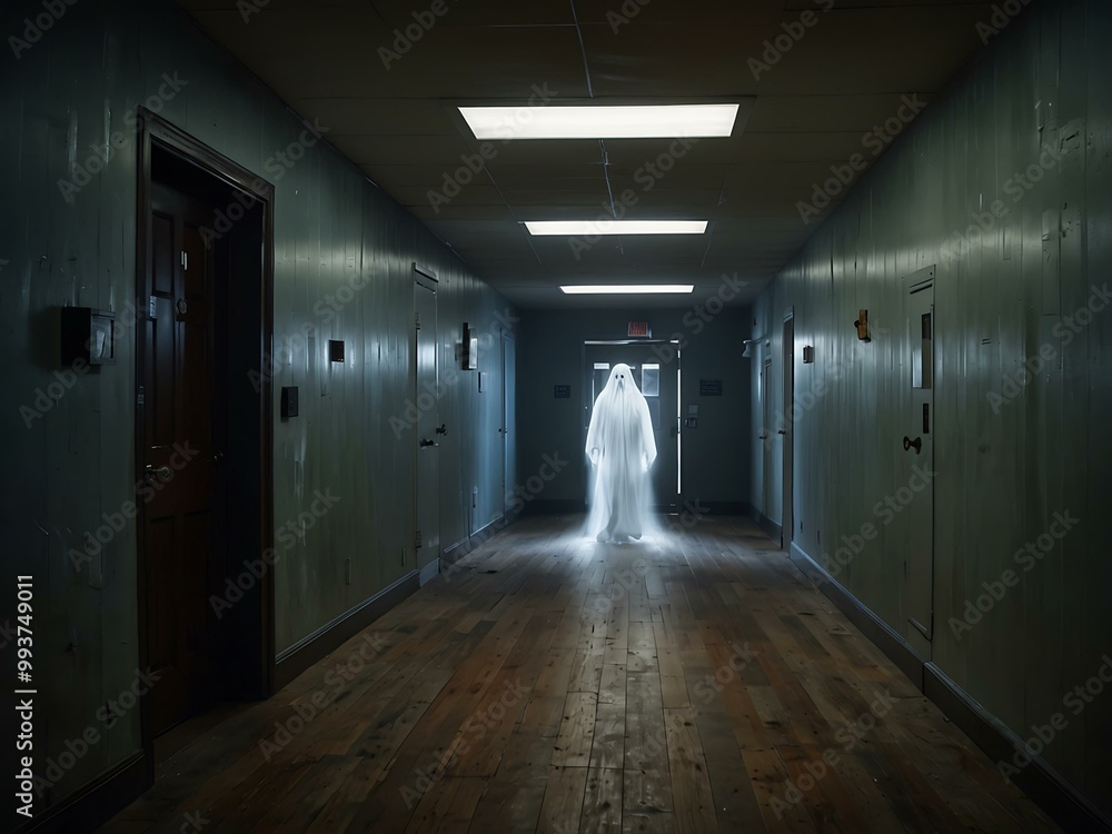 A hallway with a ghost walking down it. A hallway with a ghost walking down it.