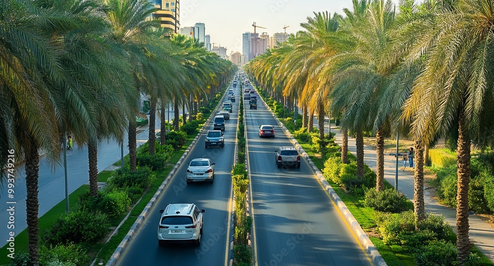 Aerial View of Riyadh: Palm Trees Lining the Streets. AI generated illustration Aerial View of Riyadh: Palm Trees Lining the Streets. AI generated illustration