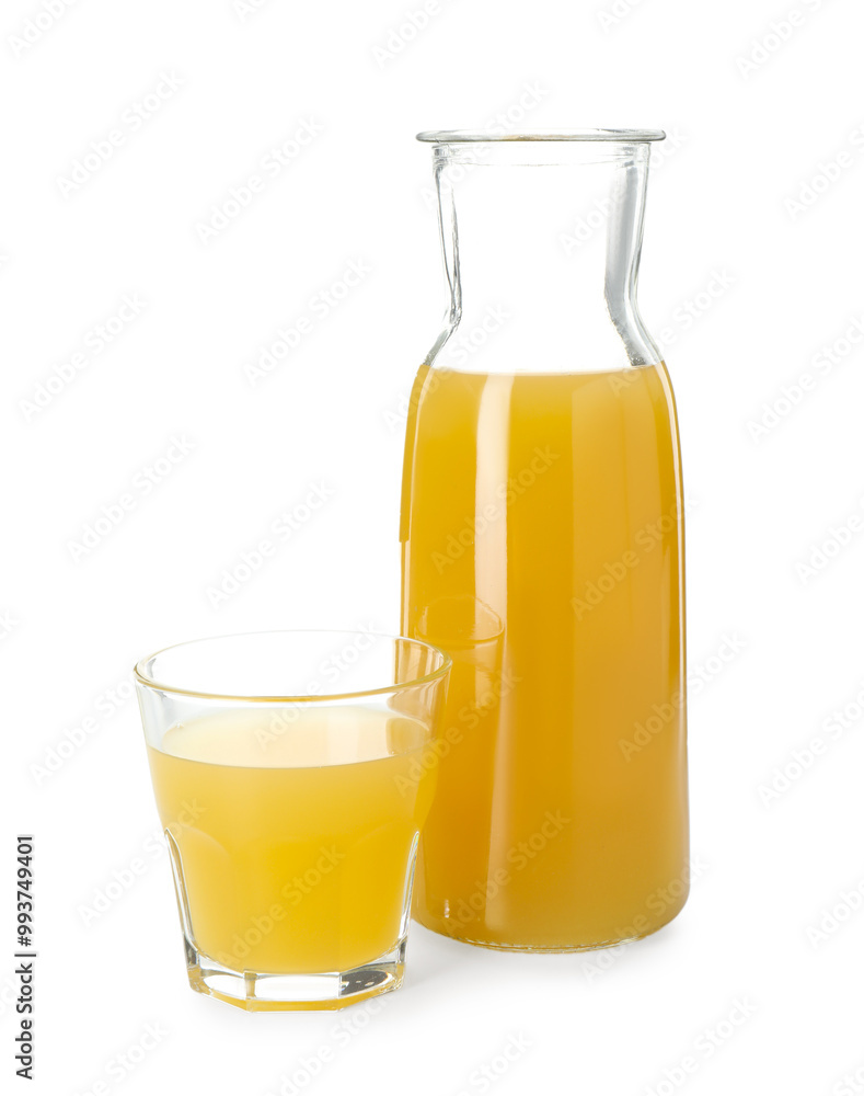 Glass and jug with tasty pineapple juice isolated on white Glass and jug with tasty pineapple juice isolated on white