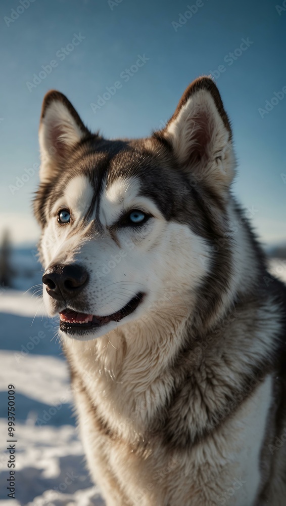 A majestic husky in a snowy landscape under a clear blue sky. A majestic husky in a snowy landscape under a clear blue sky.