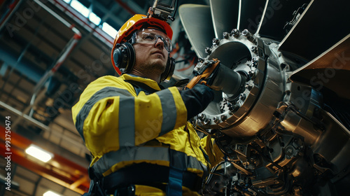 maintenance engineer is focused on inspecting and repairing aircraft engine in well lit industrial environment. worker wears safety gear, showcasing professionalism and attention to detail