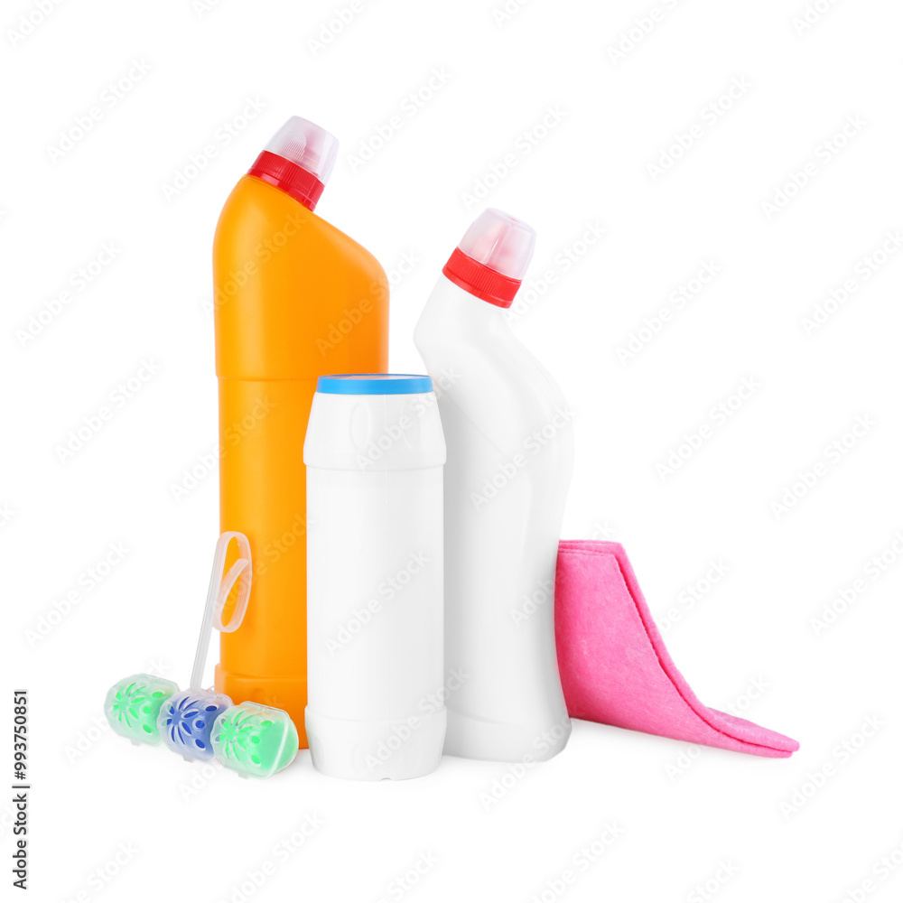 Different toilet cleaners and rag isolated on white Different toilet cleaners and rag isolated on white