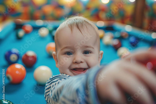 Weekend time with family kids friends in pool billiards club, learning pool play, Generative AI