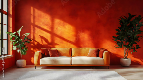 Orange Wall Living Room Interior 3D Illustration photo