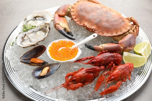 Many different sea food on table, closeup photo