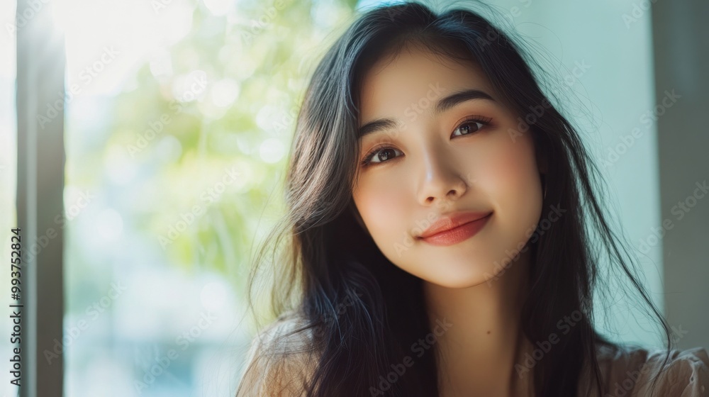 Obraz premium A woman with long black hair and a big smile